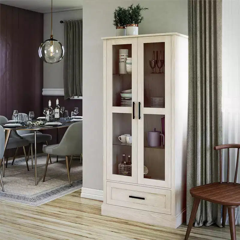 Vitrine Sherman avec portes en verre et tiroir de rangement, chêne blanc