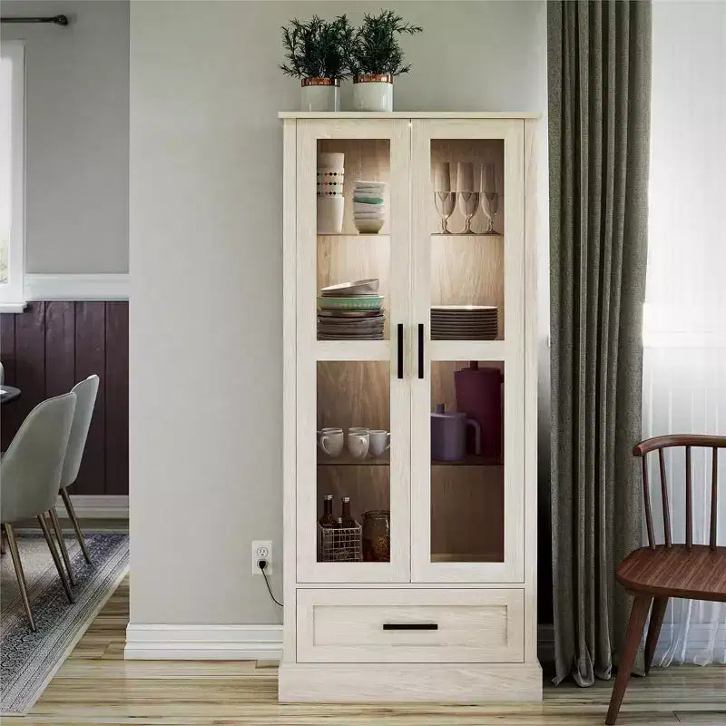 Vitrine Sherman avec portes en verre et tiroir de rangement, chêne blanc