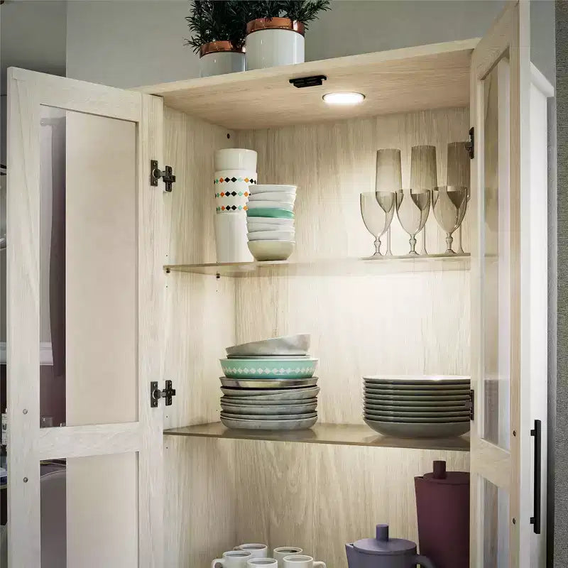 Vitrine Sherman avec portes en verre et tiroir de rangement, chêne blanc