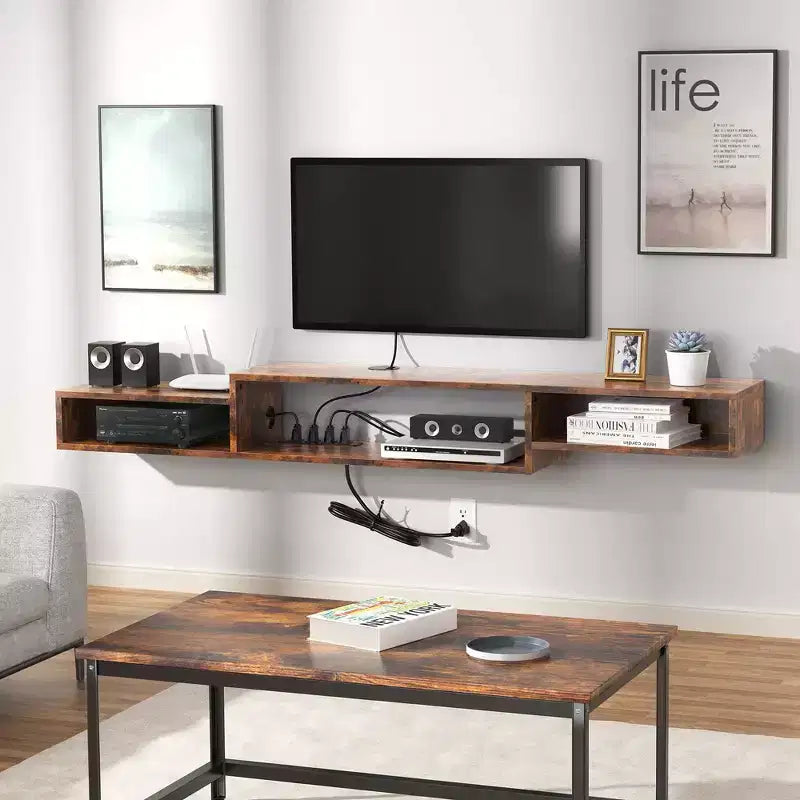 Meuble TV flottant pour téléviseurs jusqu'à 60 po brun rustique : tablette console média avec prise de courant