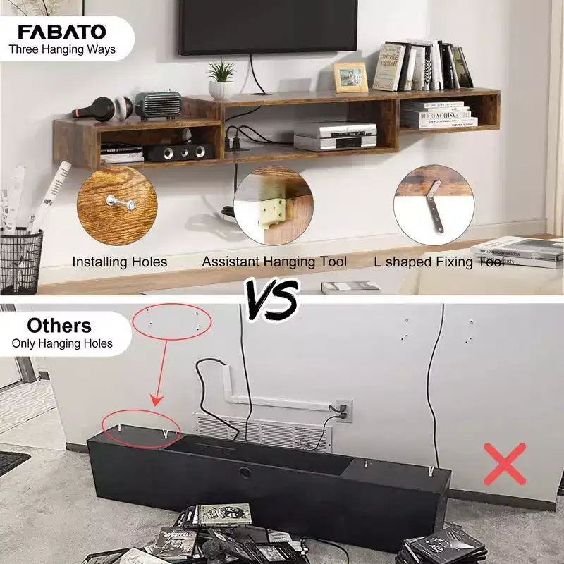 Meuble TV flottant pour téléviseurs jusqu'à 60 po brun rustique : tablette console média avec prise de courant
