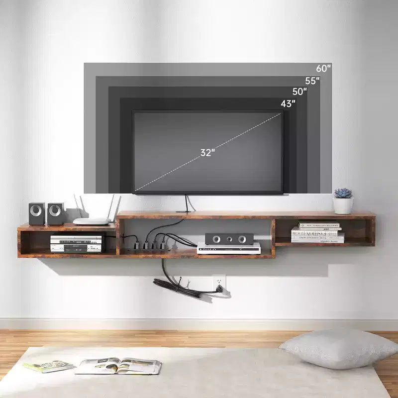 Meuble TV flottant pour téléviseurs jusqu'à 60 po brun rustique : tablette console média avec prise de courant