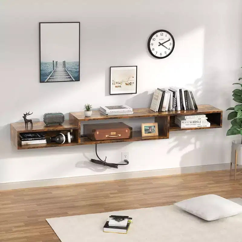 Meuble TV flottant pour téléviseurs jusqu'à 60 po brun rustique : tablette console média avec prise de courant