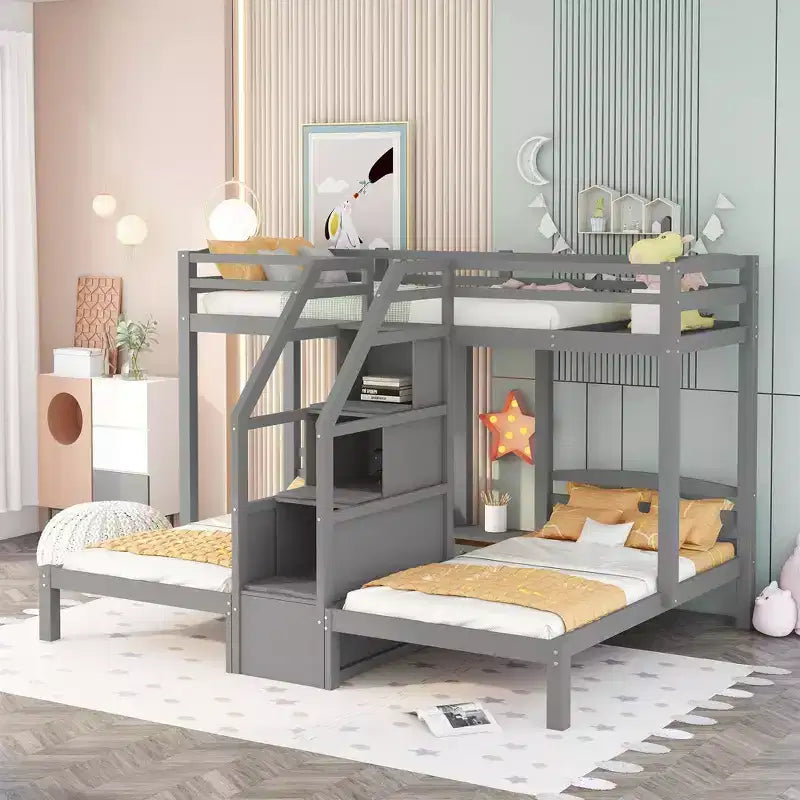 Lit superposé jumeau sur jumeau et lit jumeau avec planche de rangement supérieure, escalier de rangement intégré et petits tiroirs gris