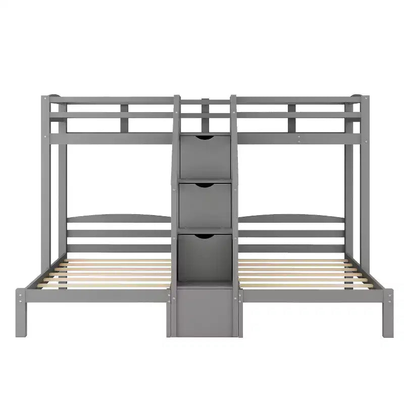 Lit superposé jumeau sur jumeau et lit jumeau avec planche de rangement supérieure, escalier de rangement intégré et petits tiroirs gris