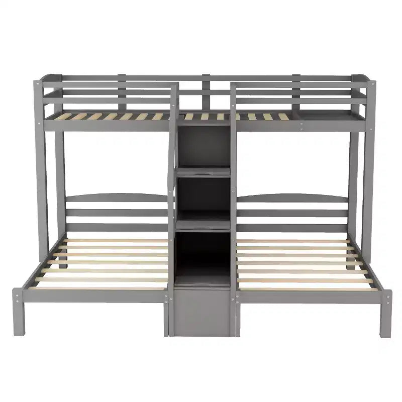 Lit superposé jumeau sur jumeau et lit jumeau avec planche de rangement supérieure, escalier de rangement intégré et petits tiroirs gris