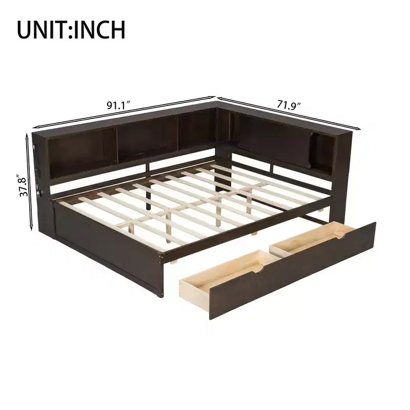 Lit de repos double en bois avec étagères de rangement, USB, LED et lit gigogne