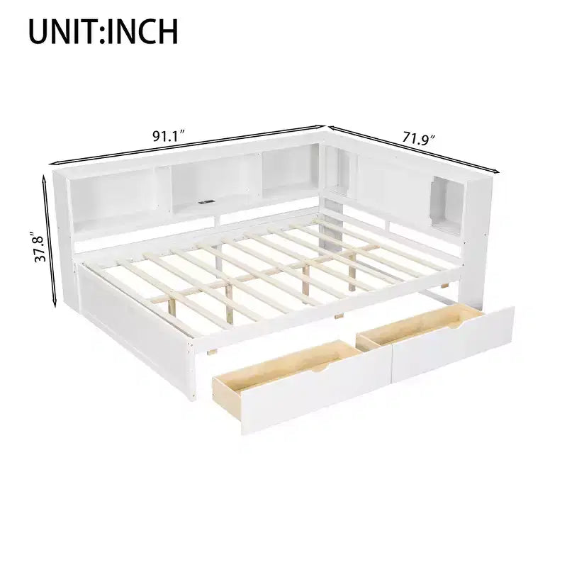 Lit de repos double en bois avec étagères de rangement, USB, LED et lit gigogne