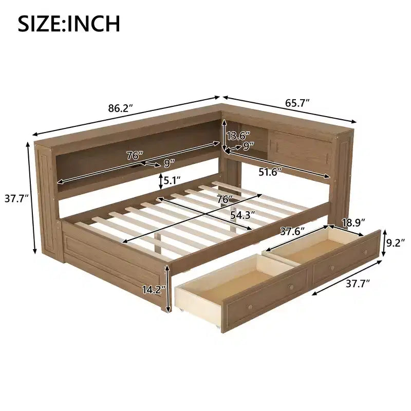 Lit de repos double en bois avec étagères de rangement, USB, LED et lit gigogne