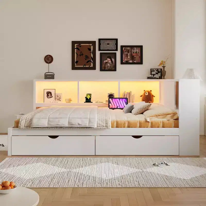 Lit de repos double en bois avec étagères de rangement, USB, LED et lit gigogne