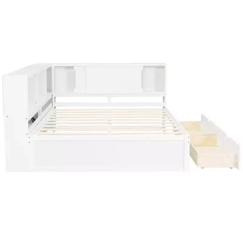 Lit de repos double en bois avec étagères de rangement, USB, LED et lit gigogne