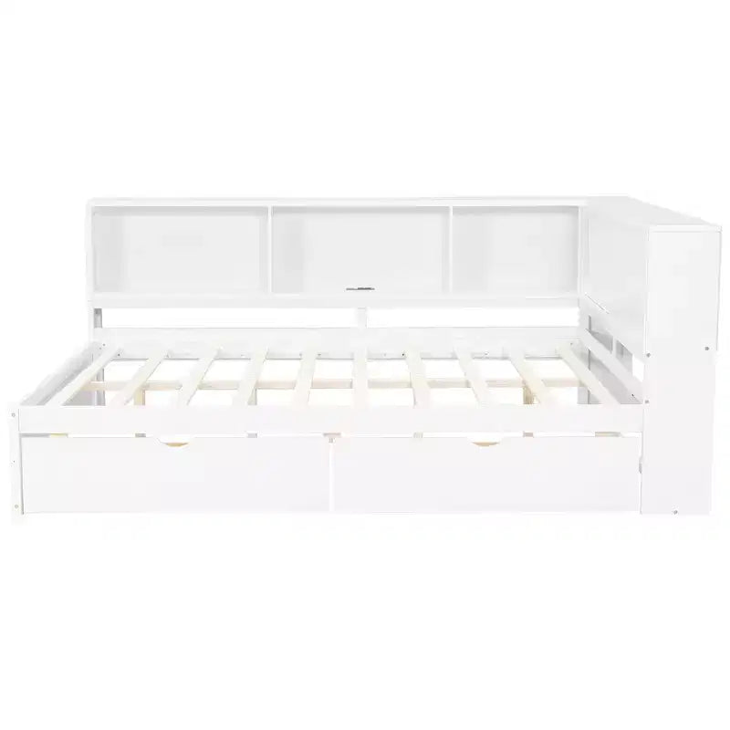 Lit de repos double en bois avec étagères de rangement, USB, LED et lit gigogne