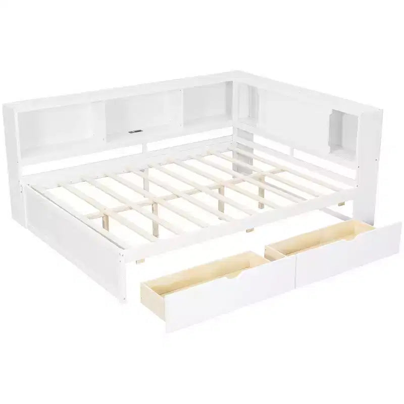 Lit de repos double en bois avec étagères de rangement, USB, LED et lit gigogne
