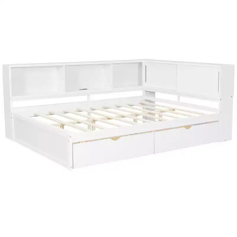Lit de repos double en bois avec étagères de rangement, USB, LED et lit gigogne
