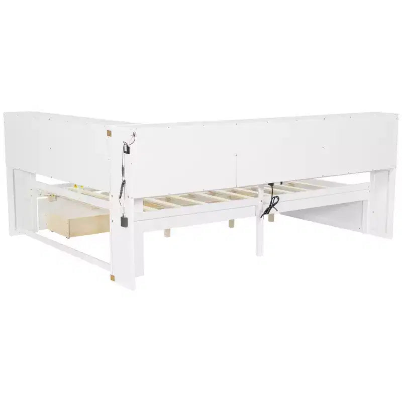 Lit de repos double en bois avec étagères de rangement, USB, LED et lit gigogne