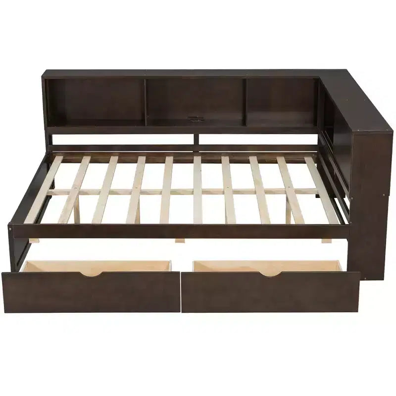 Lit de repos double en bois avec étagères de rangement, USB, LED et lit gigogne