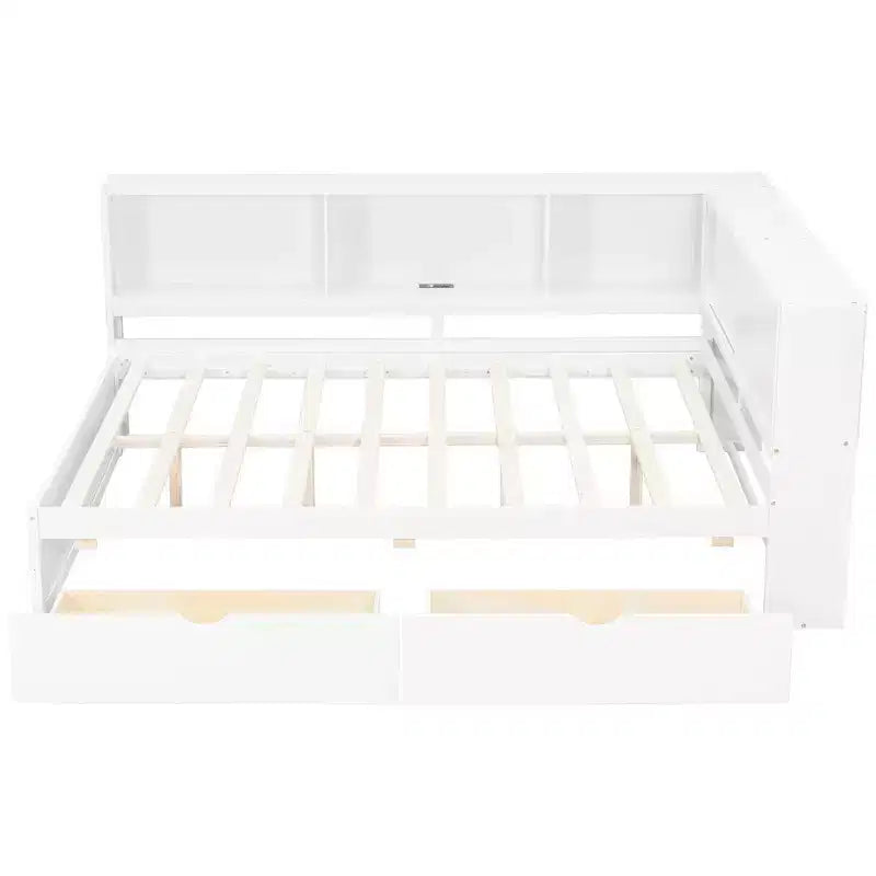 Lit de repos double en bois avec étagères de rangement, USB, LED et lit gigogne
