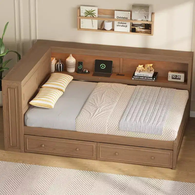 Lit de repos double en bois avec étagères de rangement, USB, LED et lit gigogne