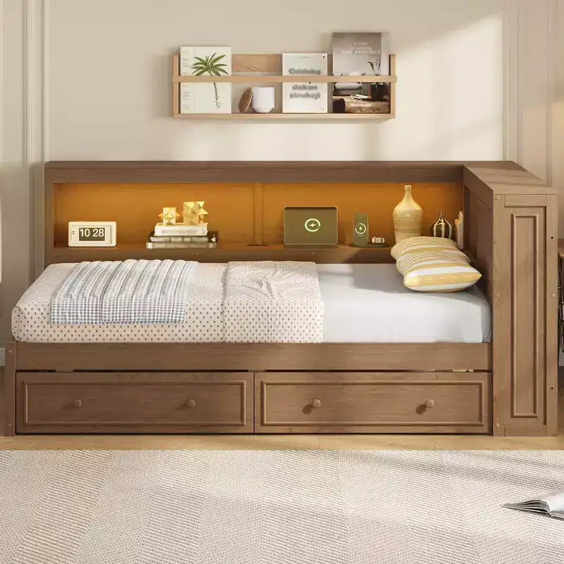 Lit de repos double en bois avec étagères de rangement, USB, LED et lit gigogne