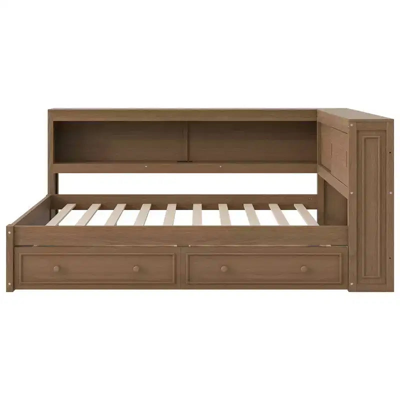 Lit de repos double en bois avec étagères de rangement, USB, LED et lit gigogne
