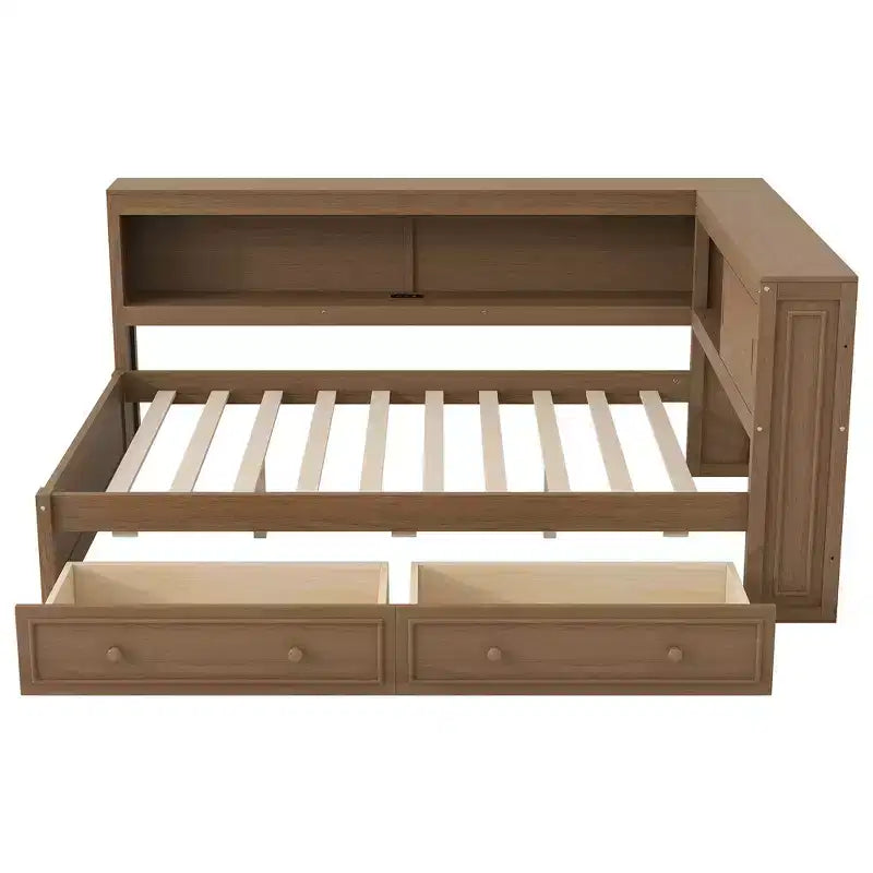 Lit de repos double en bois avec étagères de rangement, USB, LED et lit gigogne
