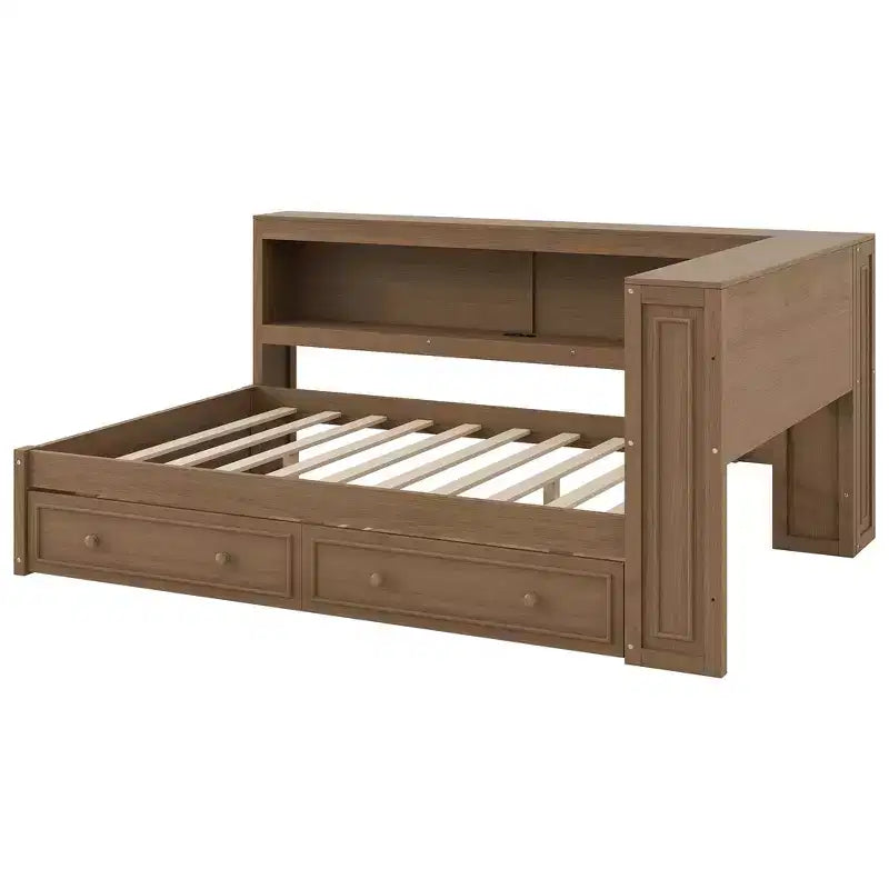 Lit de repos double en bois avec étagères de rangement, USB, LED et lit gigogne