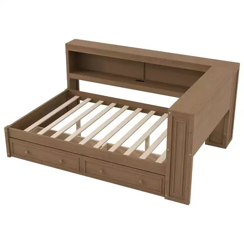 Lit de repos double en bois avec étagères de rangement, USB, LED et lit gigogne