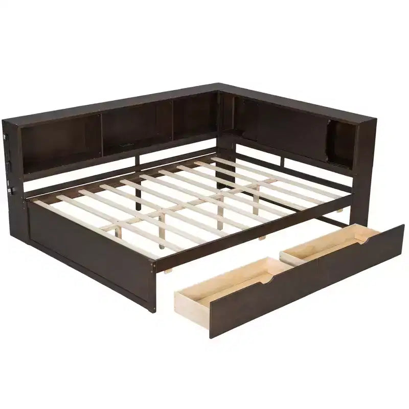 Lit de repos double en bois avec étagères de rangement, USB, LED et lit gigogne
