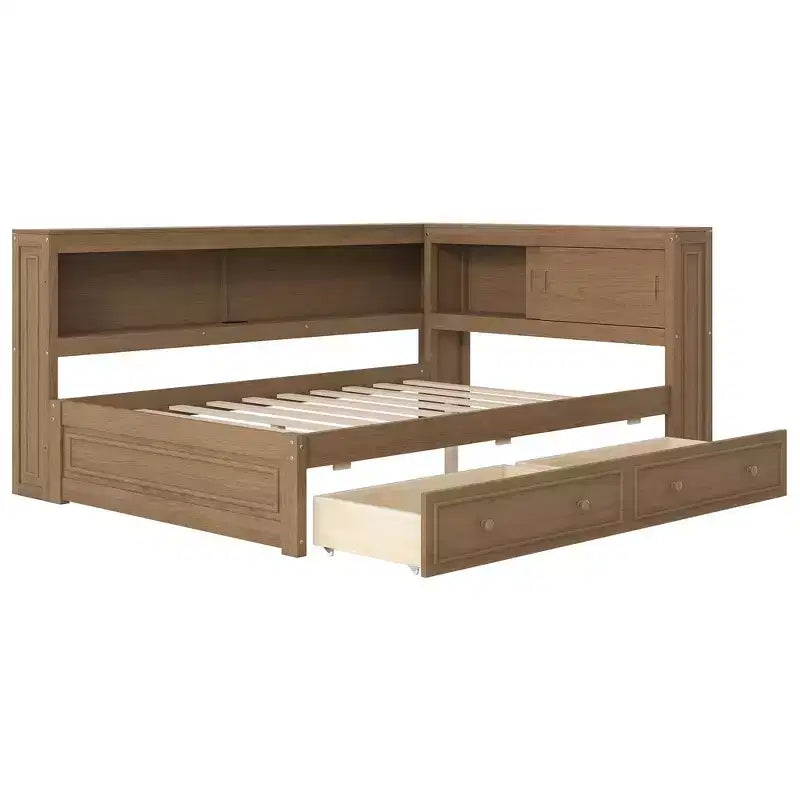Lit de repos double en bois avec étagères de rangement, USB, LED et lit gigogne