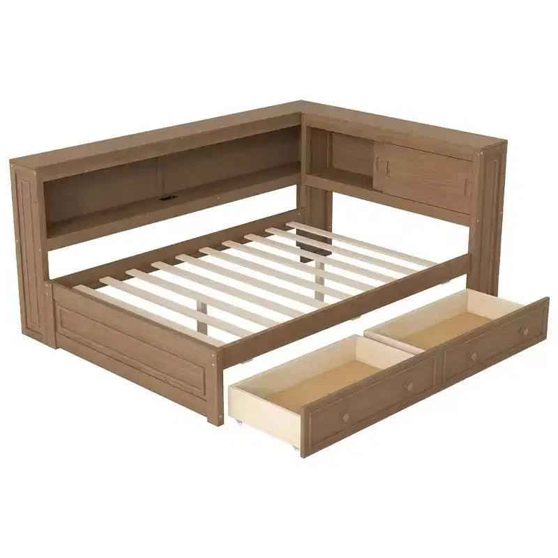 Lit de repos double en bois avec étagères de rangement, USB, LED et lit gigogne