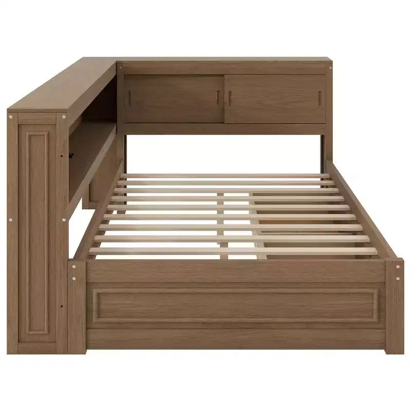 Lit de repos double en bois avec étagères de rangement, USB, LED et lit gigogne