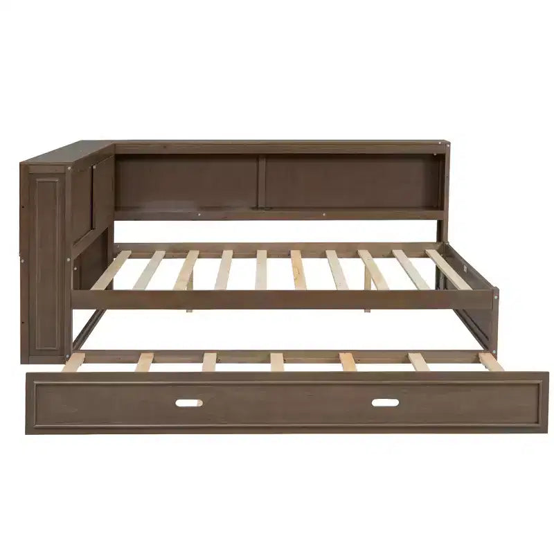Lit de repos double en bois avec étagères de rangement, USB, LED et lit gigogne