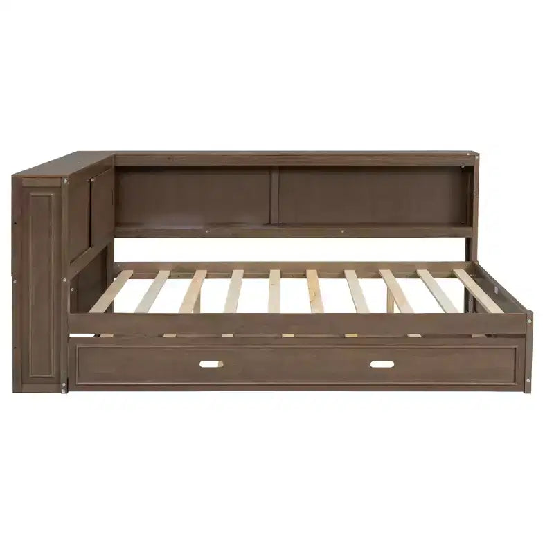 Lit de repos double en bois avec étagères de rangement, USB, LED et lit gigogne