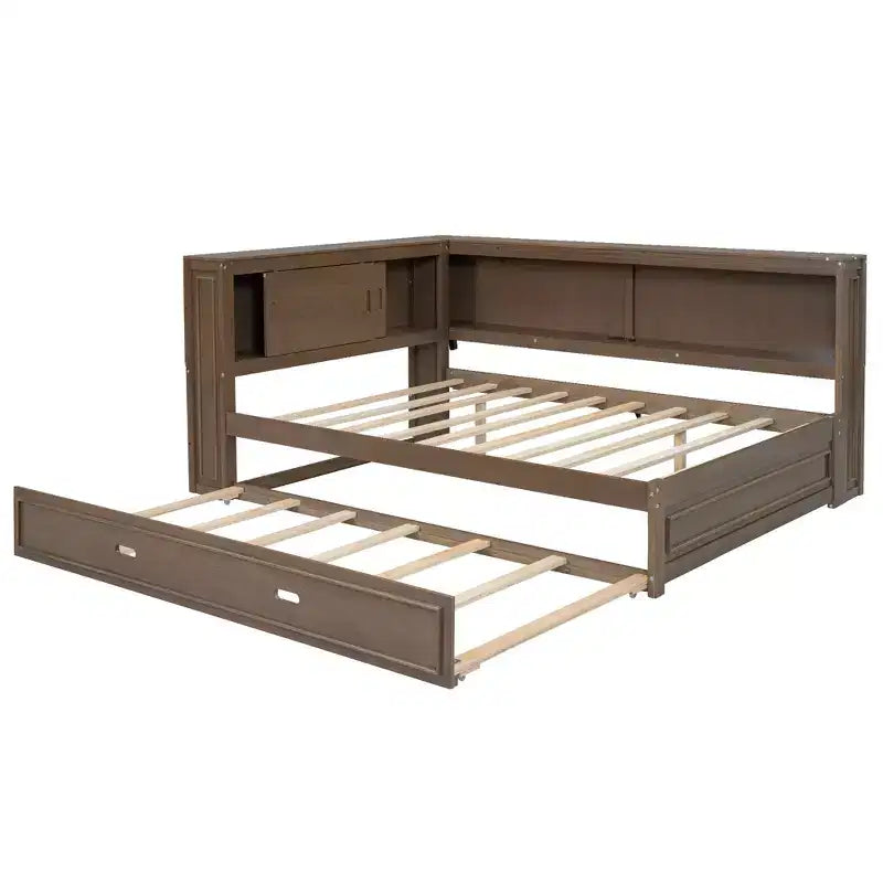 Lit de repos double en bois avec étagères de rangement, USB, LED et lit gigogne