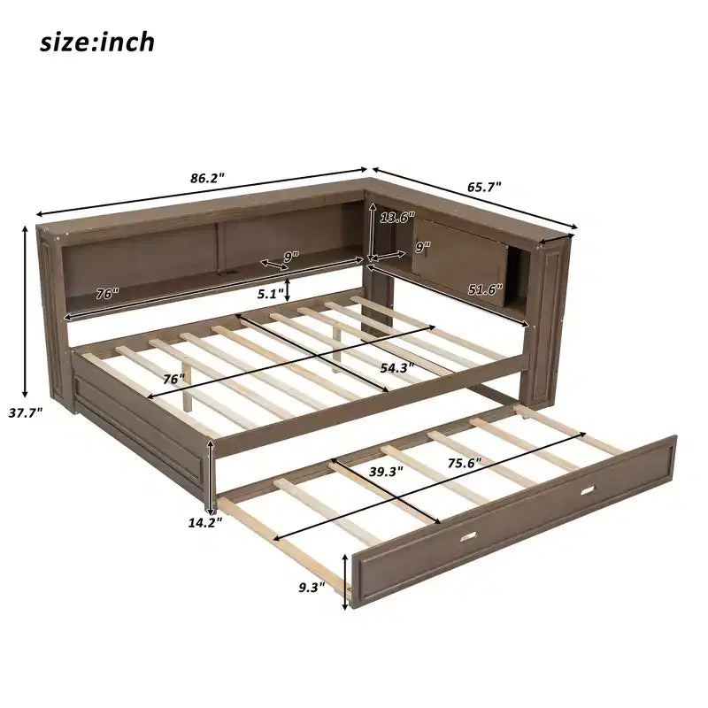 Lit de repos double en bois avec étagères de rangement, USB, LED et lit gigogne