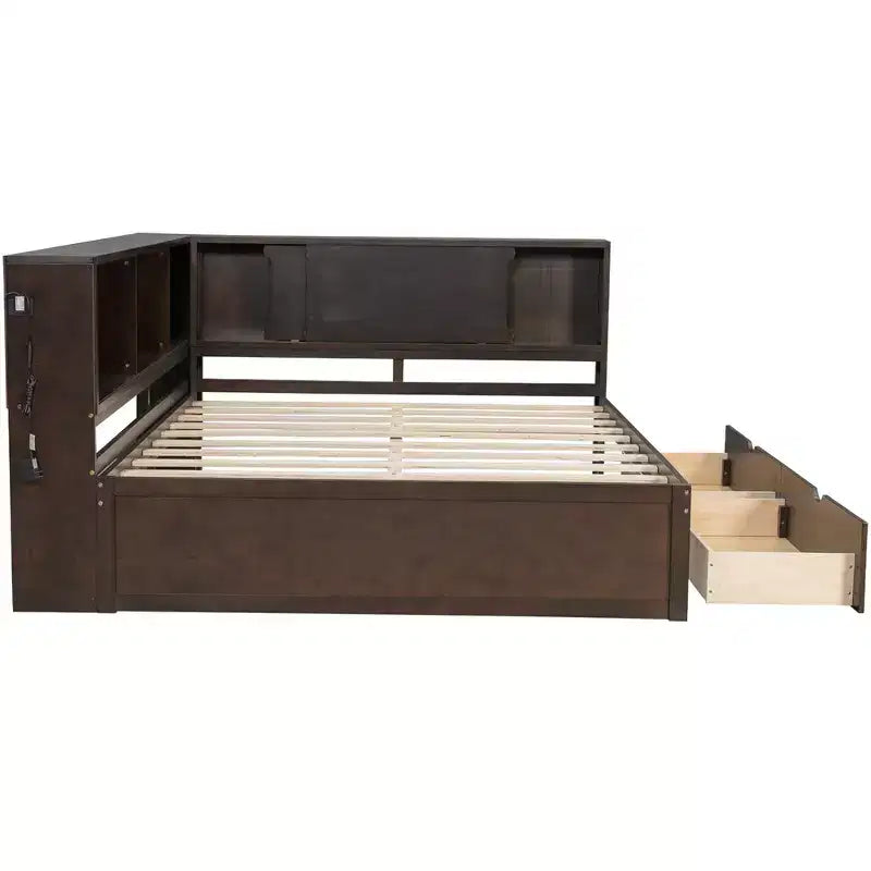 Lit de repos double en bois avec étagères de rangement, USB, LED et lit gigogne