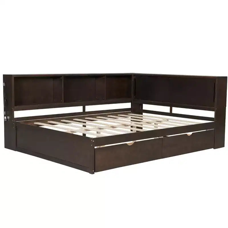 Lit de repos double en bois avec étagères de rangement, USB, LED et lit gigogne
