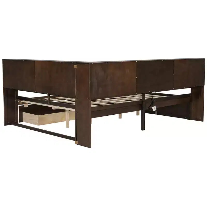 Lit de repos double en bois avec étagères de rangement, USB, LED et lit gigogne