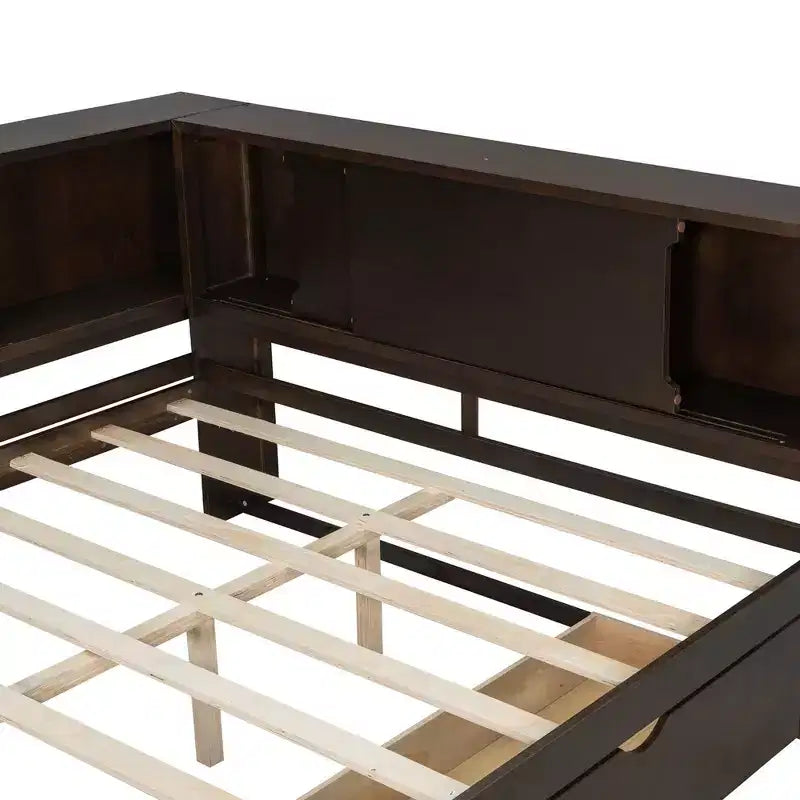 Lit de repos double en bois avec étagères de rangement, USB, LED et lit gigogne
