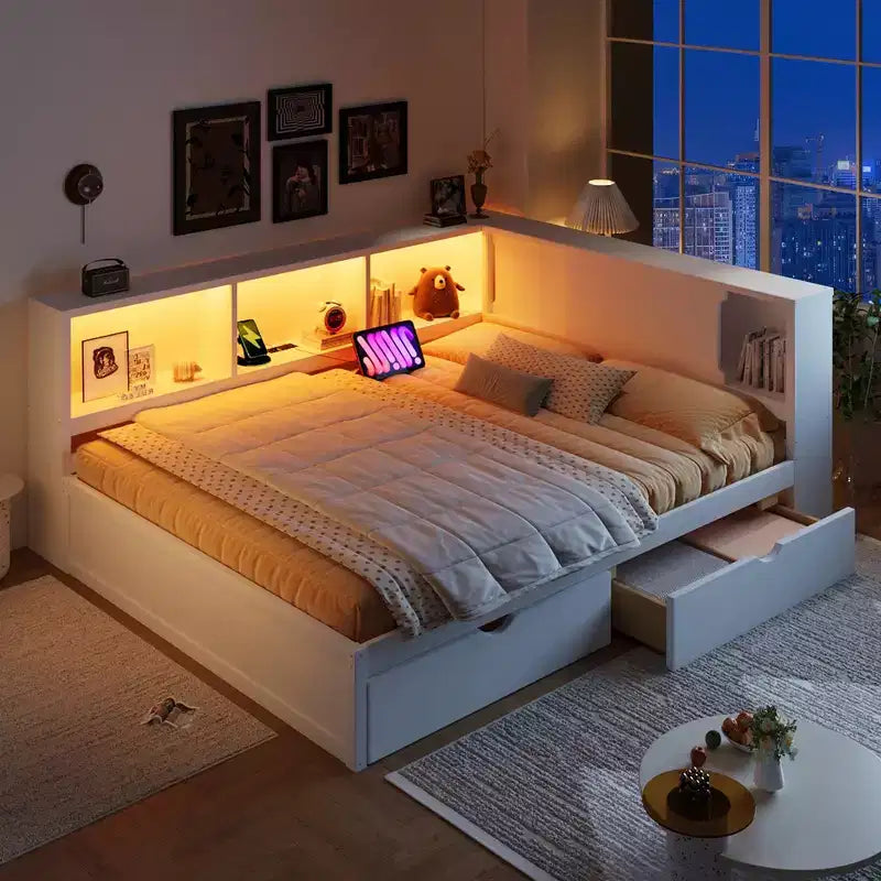 Lit de repos double en bois avec étagères de rangement, USB, LED et lit gigogne