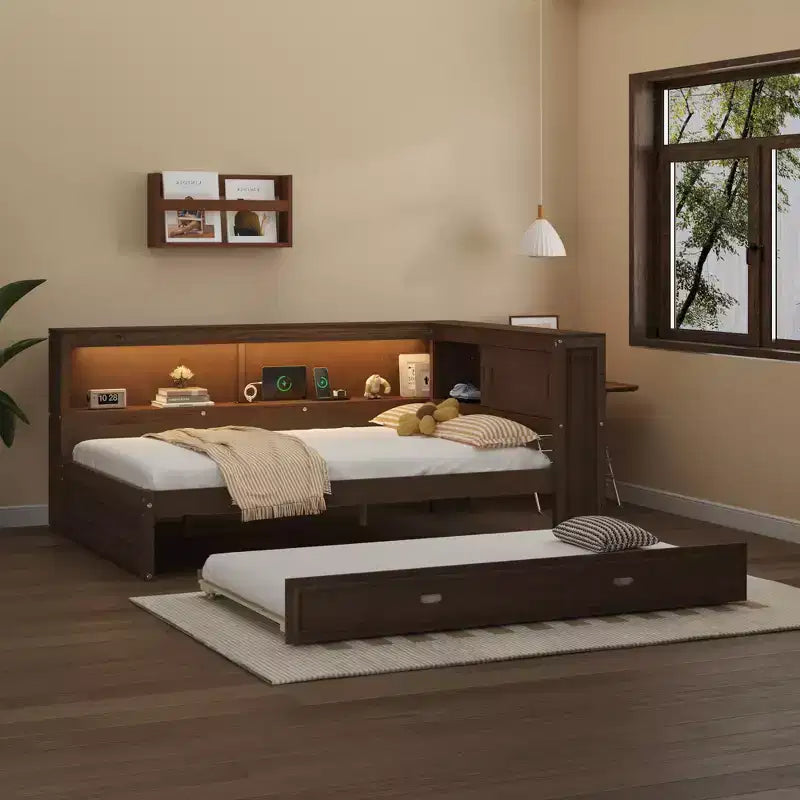 Lit de repos double en bois avec étagères de rangement, USB, LED et lit gigogne