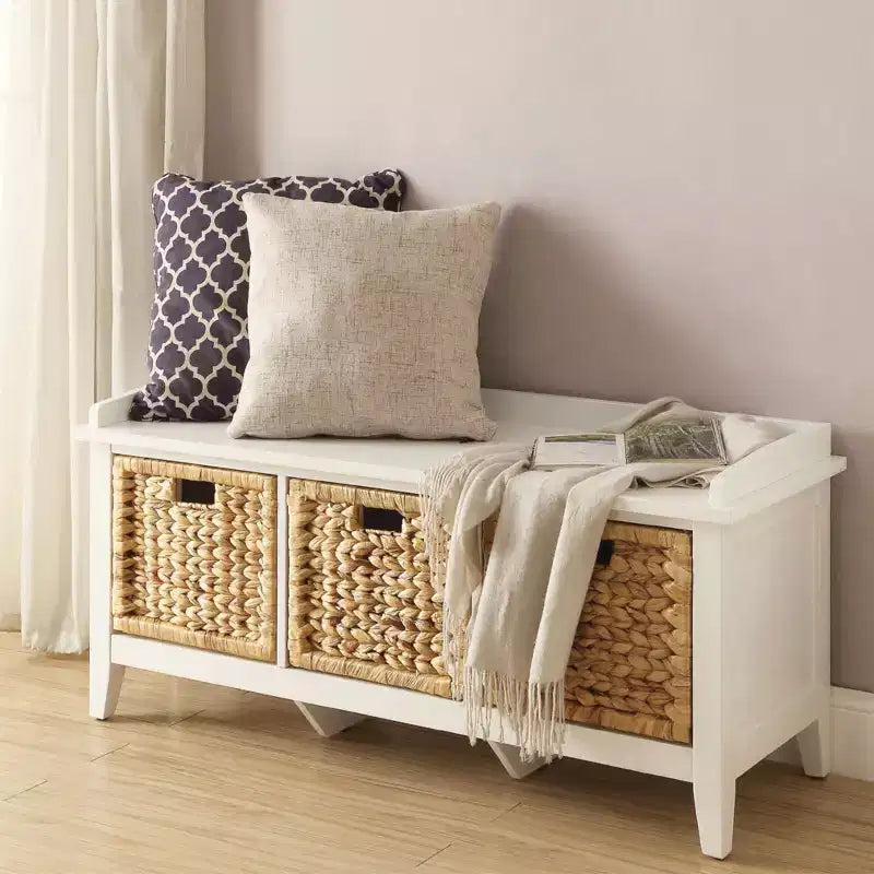Banc en bois avec 3 tiroirs en rotin et blanc
