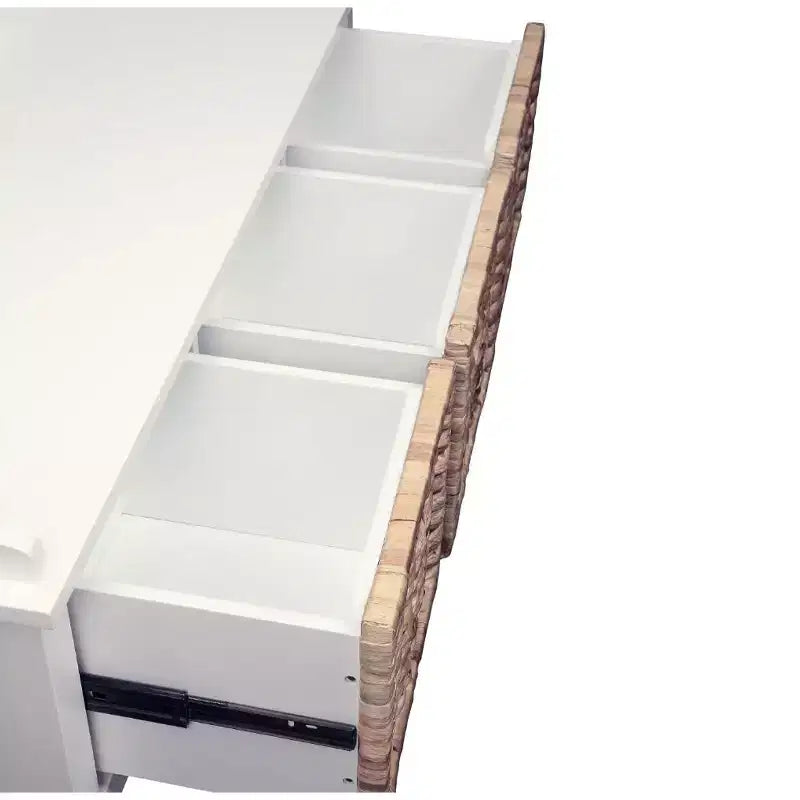 Banc en bois avec 3 tiroirs en rotin et blanc