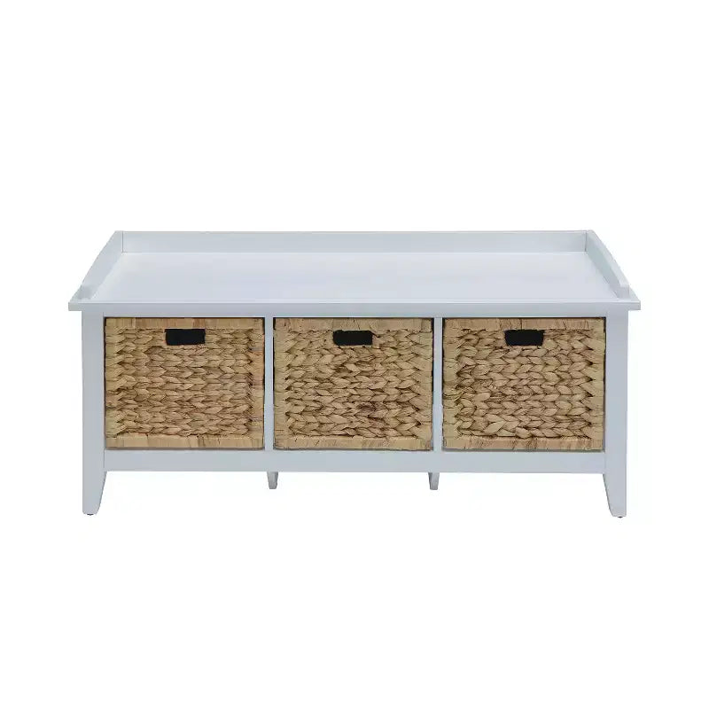 Banc en bois avec 3 tiroirs en rotin et blanc