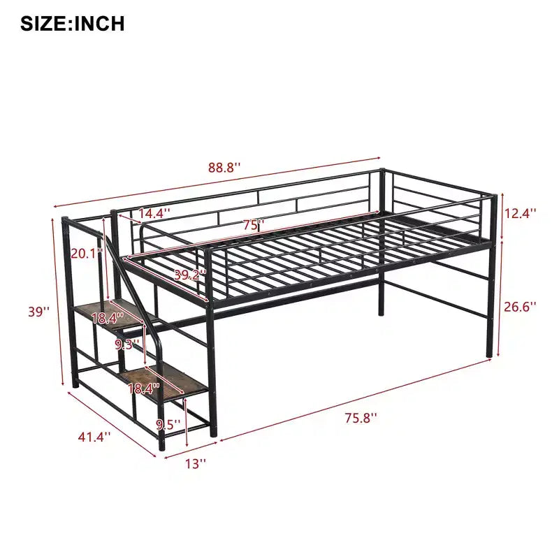 Lit mezzanine mi-hauteur avec escalier de rangement 88,80 po L 41,40 po P 39,00 po H