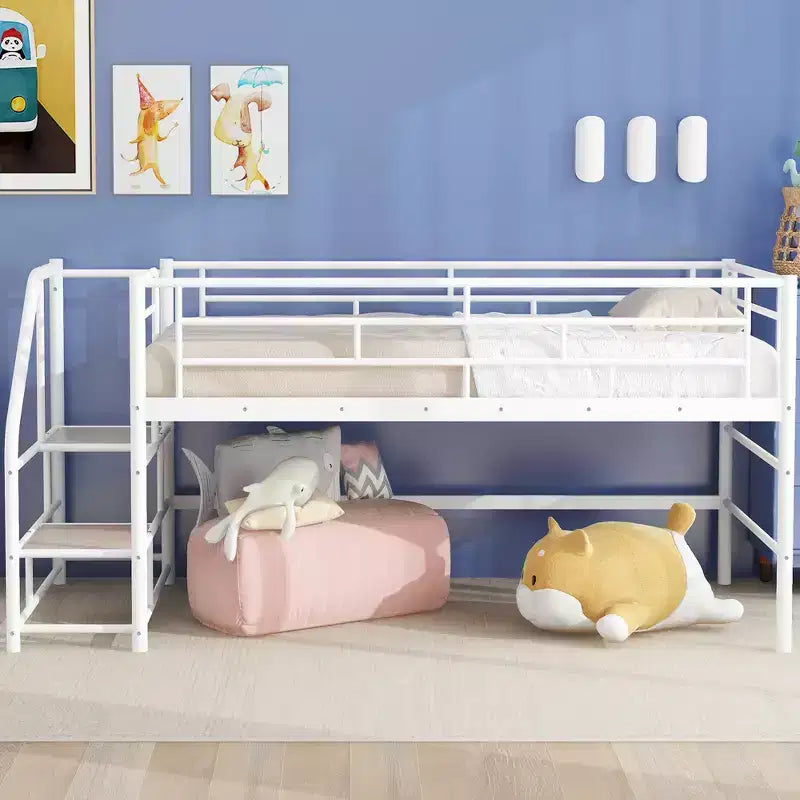 Lit mezzanine mi-hauteur avec escalier de rangement 88,80 po L 41,40 po P 39,00 po H