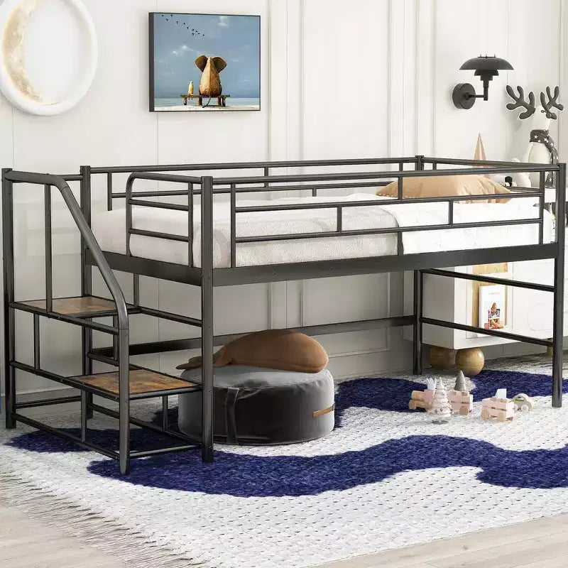Lit mezzanine mi-hauteur avec escalier de rangement 88,80 po L 41,40 po P 39,00 po H