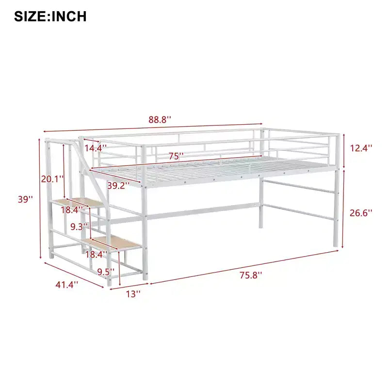 Lit mezzanine mi-hauteur avec escalier de rangement 88,80 po L 41,40 po P 39,00 po H