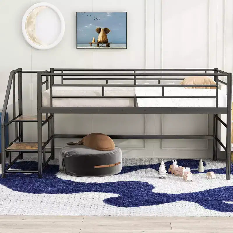 Lit mezzanine mi-hauteur avec escalier de rangement 88,80 po L 41,40 po P 39,00 po H