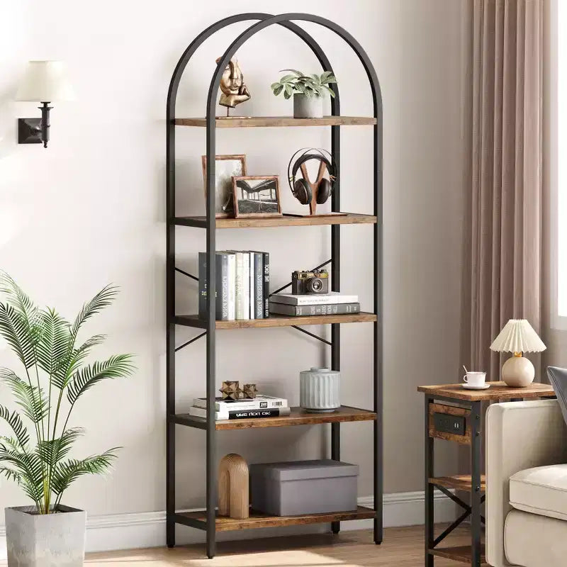 Bibliothèque à 5 niveaux, étagère en forme d'arche, grande étagère de rangement moderne en bois avec cadre en métal